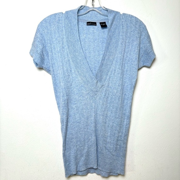 Moda International Tops - MODA INTERNATIONAL Vintage Y2K Sky Blue V-Neck Ribbed Cotton Short Sleeve Top